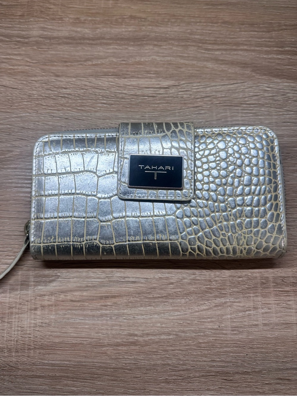 Tahari Gold Croc Embossed Zip Around Wallet Metallic Faux Leather